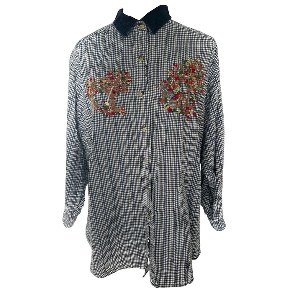 Victoria Jones Vintage 22W Gingham Fall Leaves Embroidery Shirt Corduroy Collar‎